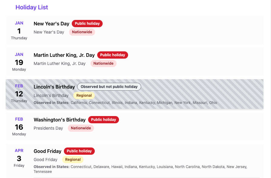 Clear holiday descriptions